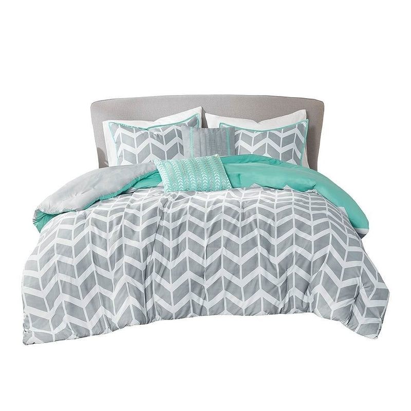 Twin/Twin XL Reversible Comforter Set in Grey White Aqua Teal Chevron Stripe-1
