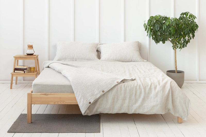 Natural Light and Striped Beige double side linen bedding set - Puck's