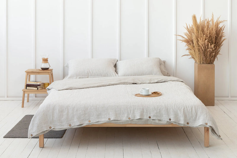 Natural Light and Striped Beige double side linen bedding set - Puck's