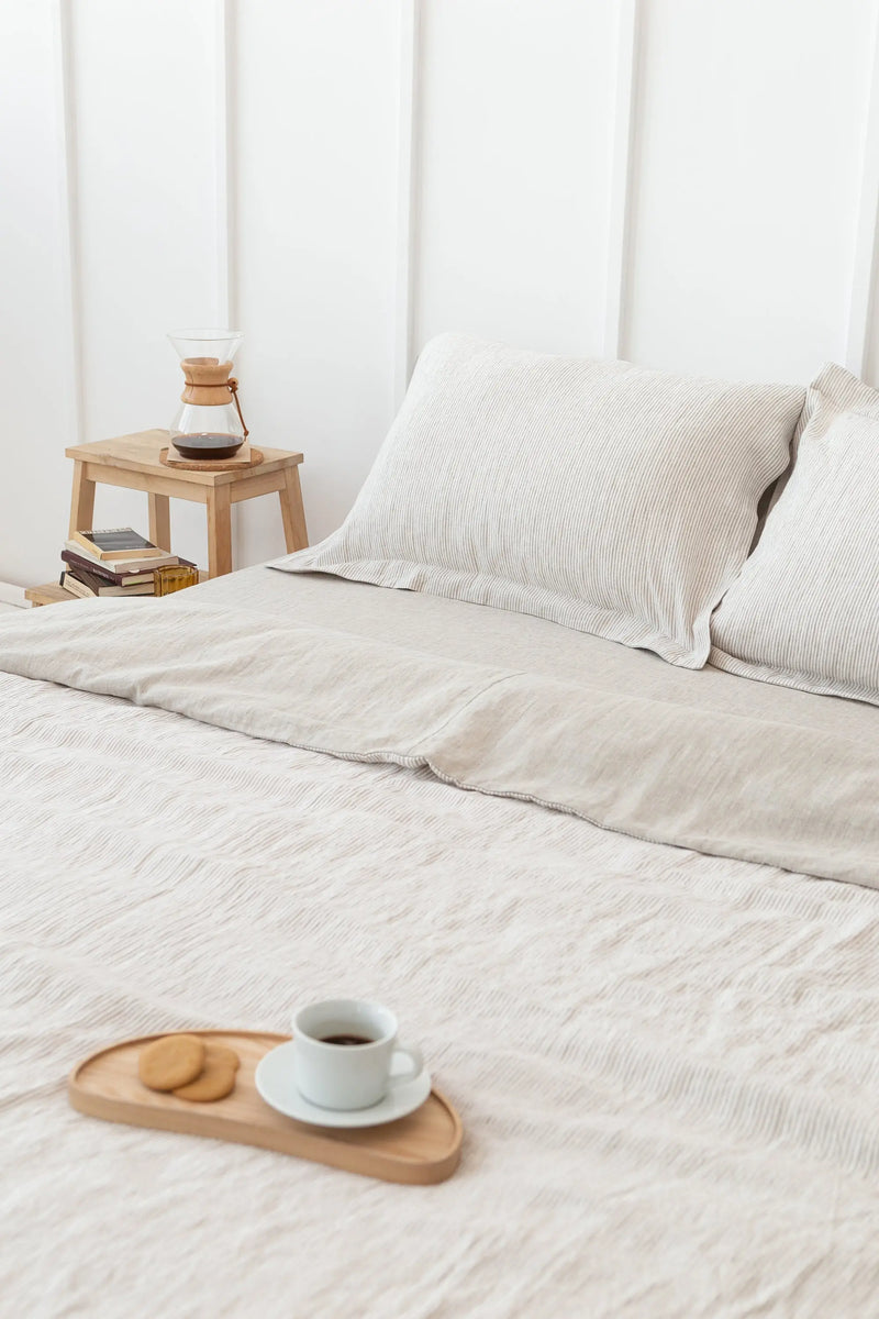 Natural Light and Striped Beige double side linen bedding set - Puck's