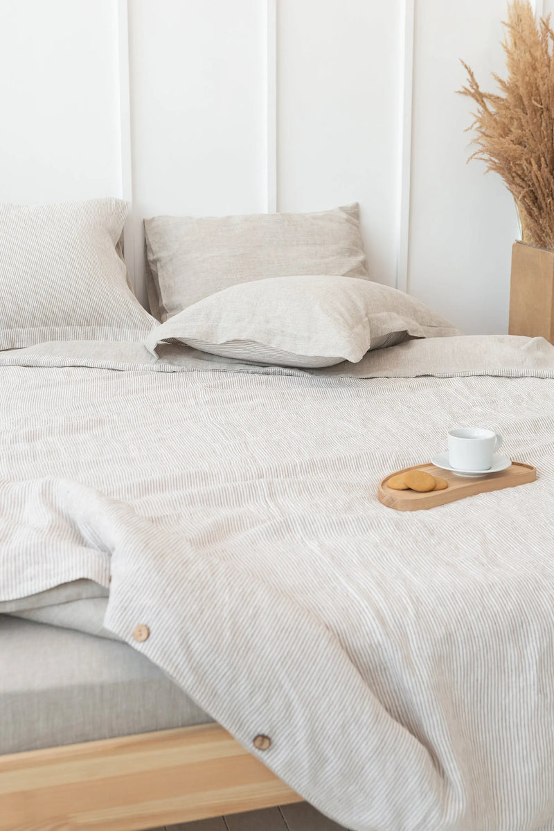Natural Light and Striped Beige double side linen bedding set - Puck's