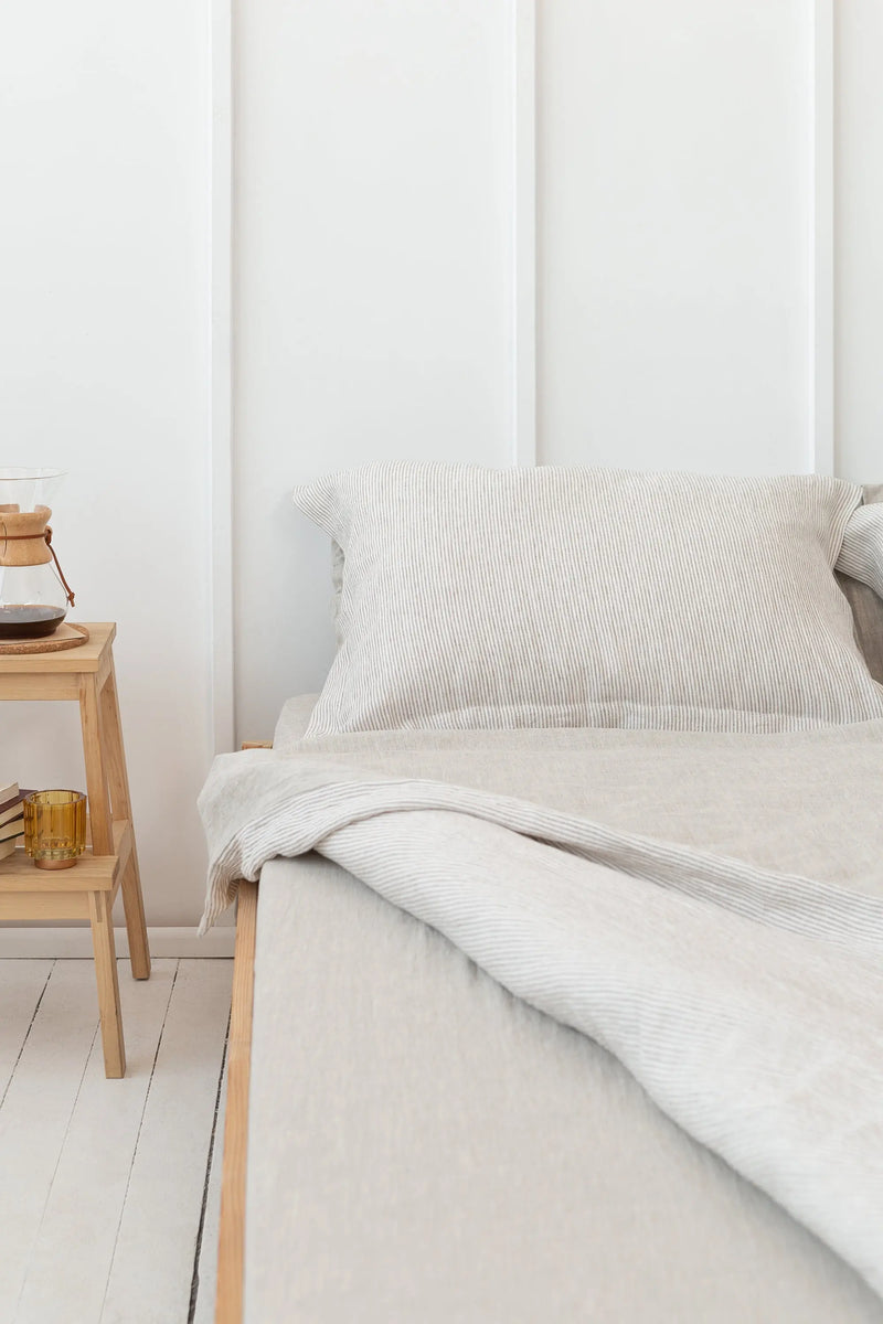 Natural Light and Striped Beige double side linen bedding set - Puck's