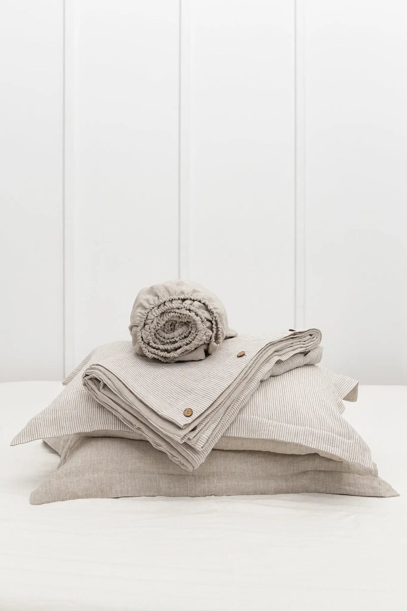 Natural Light and Striped Beige double side linen bedding set - Puck's