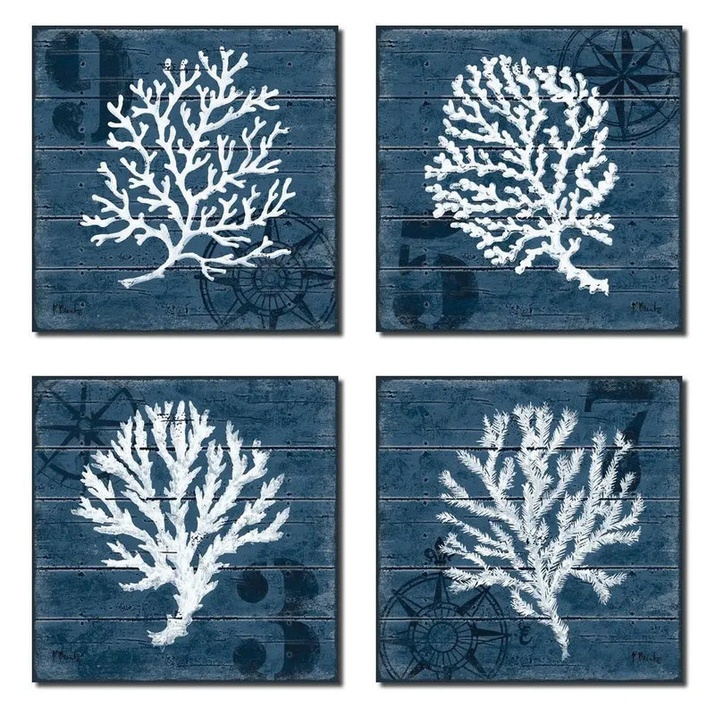 Nautical Blue Coral Nautical Signs Adult Coastal Decor; 4- 12" X 12" Unframed Prints - Puck's