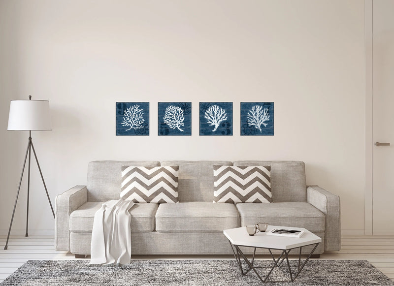Nautical Blue Coral Nautical Signs Adult Coastal Decor; 4- 12" X 12" Unframed Prints - Puck's