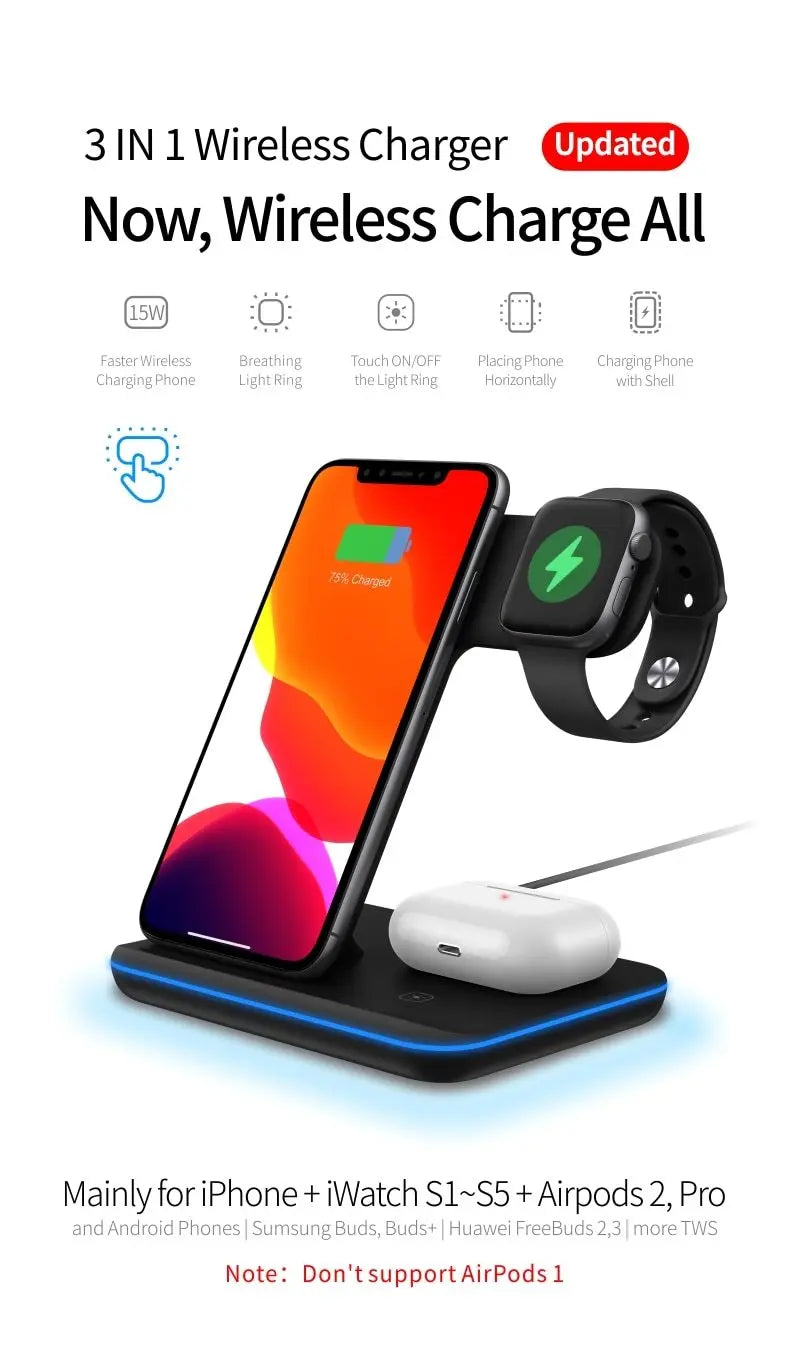 Ninja 15W 3 in 1 Fast Wireless Charging Station for Mobile Phones - Puck's