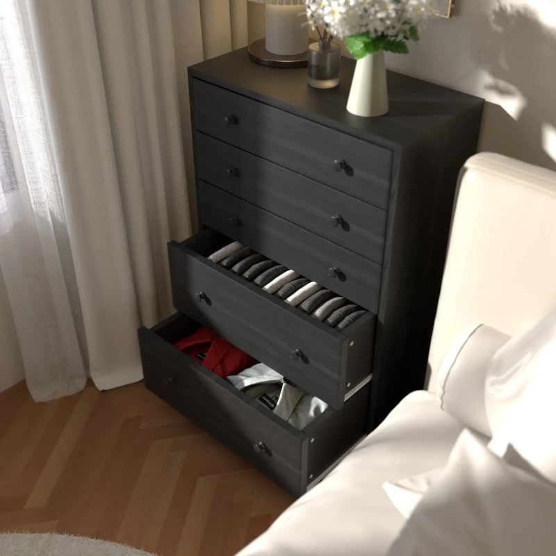 Grote ladekast met 5 laden, houten ladekast voor slaapkamer, zwart - Puck's