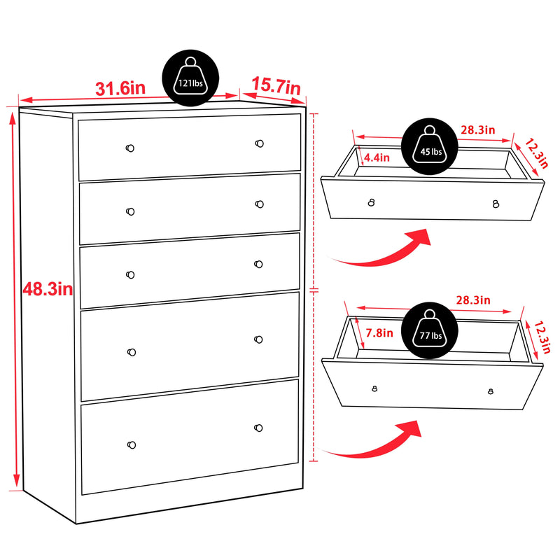 Grote ladekast met 5 laden, houten ladekast voor slaapkamer, zwart - Puck's