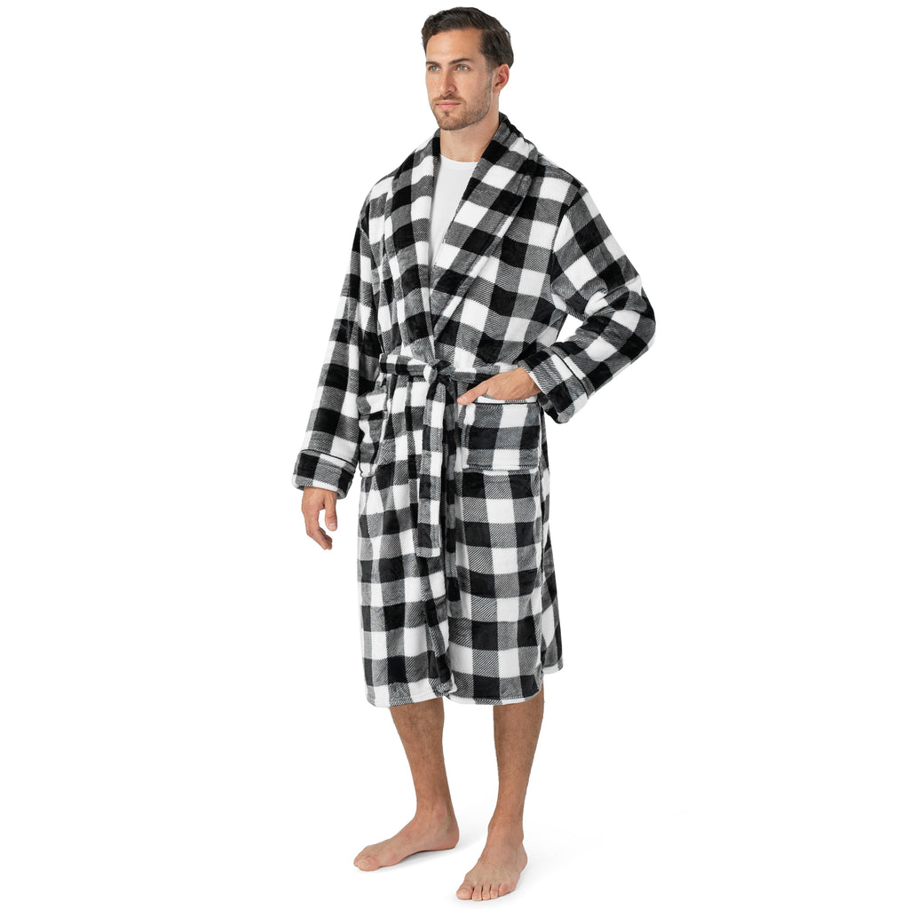 Mens Soft Robe, Plaid White | Warm Fleece Robes for Men, Soft Spa Bathrobe with Piping, Shawl Collar, and Pockets (Black and White Buffalo Plaid Checkered)