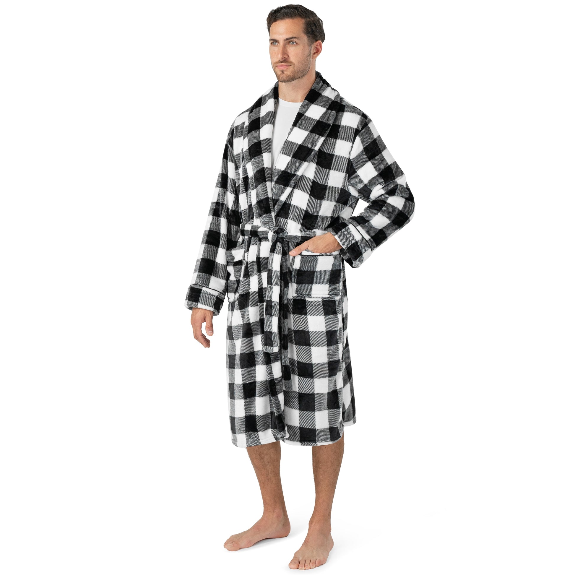 Mens Soft Robe, Plaid White | Warm Fleece Robes for Men, Soft Spa Bathrobe with Piping, Shawl Collar, and Pockets (Black and White Buffalo Plaid Checkered)