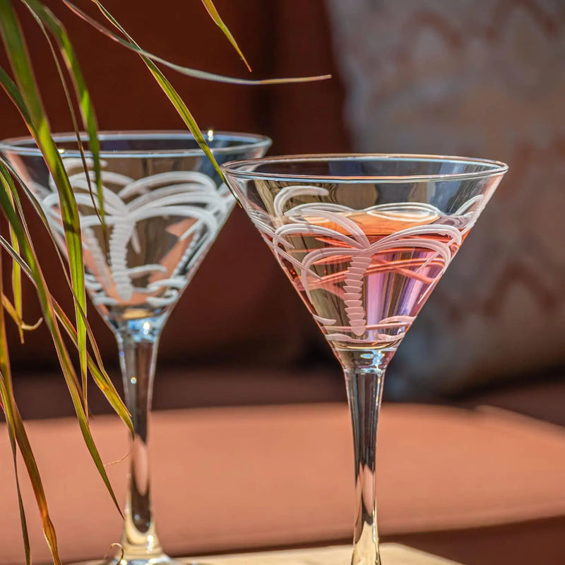 Palm Tree Martini Glass | Stemmed 10 Ounce Martini Glasses | Lead-Free Glass | Diamond-Wheel Engraved Cocktail Glasses | Made in the USA (Set of 4) - Puck's