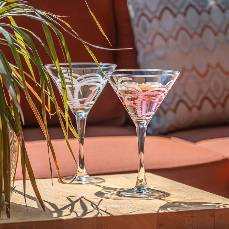 Palm Tree Martini Glass | Stemmed 10 Ounce Martini Glasses | Lead-Free Glass | Diamond-Wheel Engraved Cocktail Glasses | Made in the USA (Set of 4) - Puck's