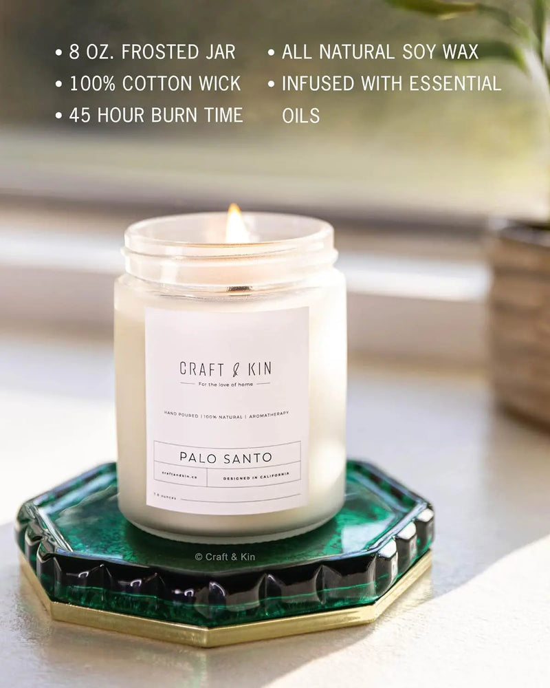 Palo Santo Scented Candle | 8 Oz 45 Hour Long Lasting | Classic Soy Candles Wood Wick | Made with Natural Soy | Gifts for Men and Women - Puck's
