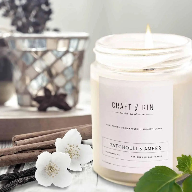 Patchouli & Amber Scented Candle | 8 Oz 45 Hour Long Lasting | Classic Soy Candles Wood Wick | Made with Natural Soy | Gifts for Men and Women - Puck's