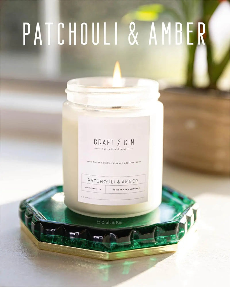 Patchouli & Amber Scented Candle | 8 Oz 45 Hour Long Lasting | Classic Soy Candles Wood Wick | Made with Natural Soy | Gifts for Men and Women - Puck's