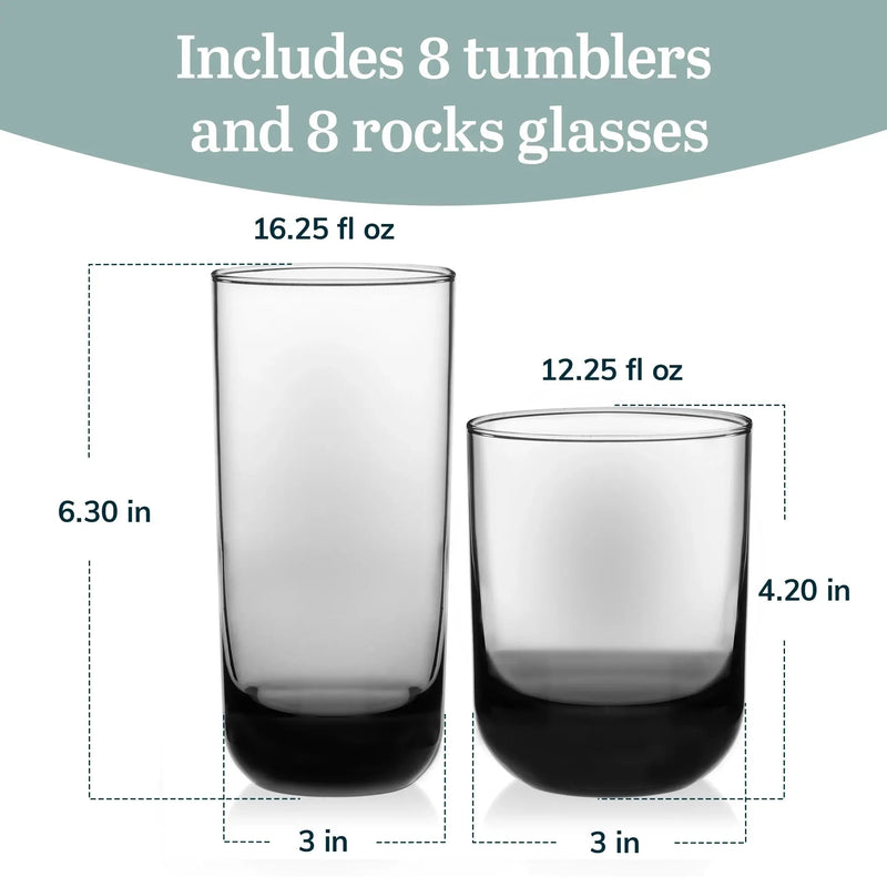 Polaris Tumbler and Rocks Glass Set, Smoke Hue Drinkware Glasses Set, Lead-Free Tall Water Glasses with Modern Clean Lines, Dishwasher Safe Drinking Glasses Set of 16 - Puck's
