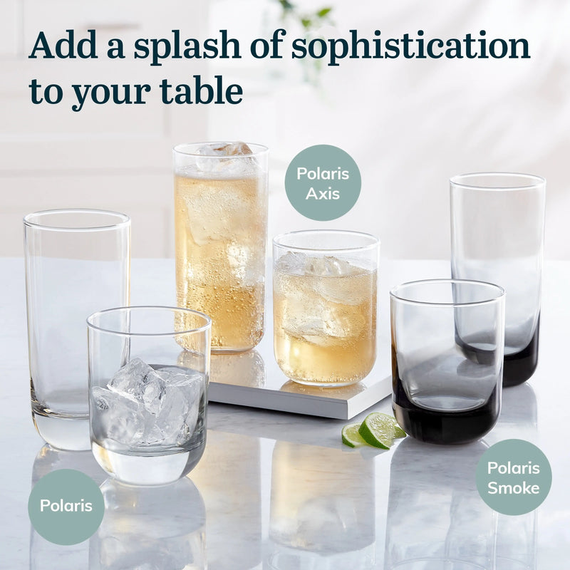 Polaris Tumbler and Rocks Glass Set, Smoke Hue Drinkware Glasses Set, Lead-Free Tall Water Glasses with Modern Clean Lines, Dishwasher Safe Drinking Glasses Set of 16 - Puck's