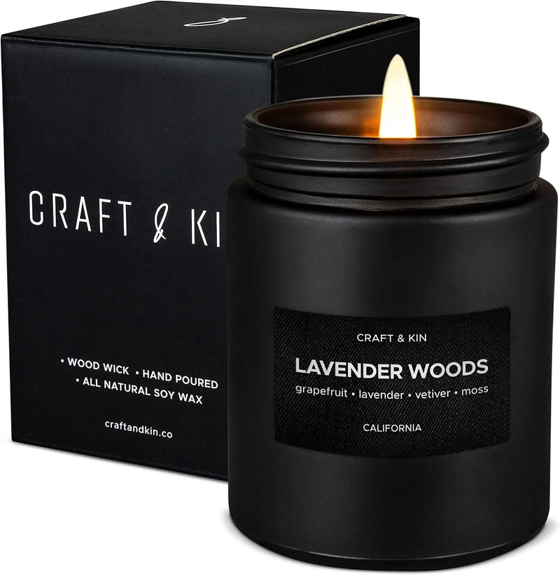 Premium Lavender Woods Candle | Black Scented Candles for Men | Long Lasting with 45 Hour Burn Time, 7.6Oz | Made with Soy | Aromatherapy at Home | Gifts for Men - Puck's
