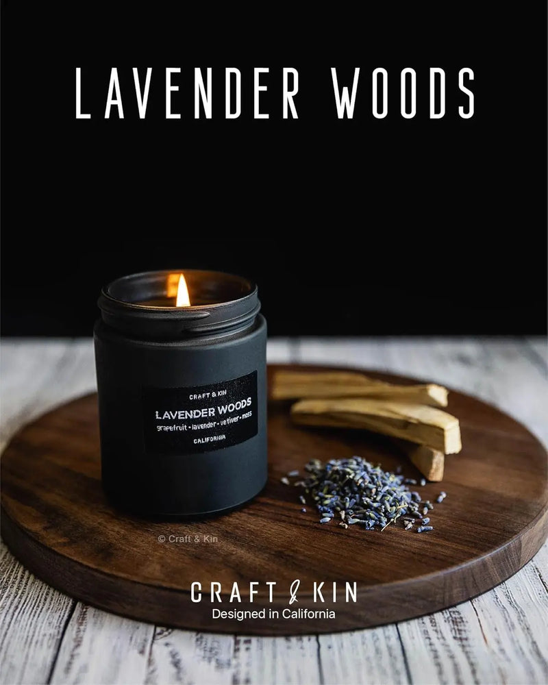 Premium Lavender Woods Candle | Black Scented Candles for Men | Long Lasting with 45 Hour Burn Time, 7.6Oz | Made with Soy | Aromatherapy at Home | Gifts for Men - Puck's