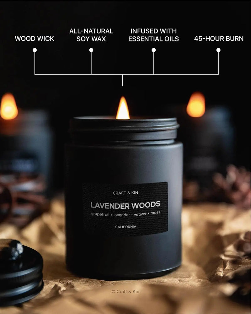 Premium Lavender Woods Candle | Black Scented Candles for Men | Long Lasting with 45 Hour Burn Time, 7.6Oz | Made with Soy | Aromatherapy at Home | Gifts for Men - Puck's