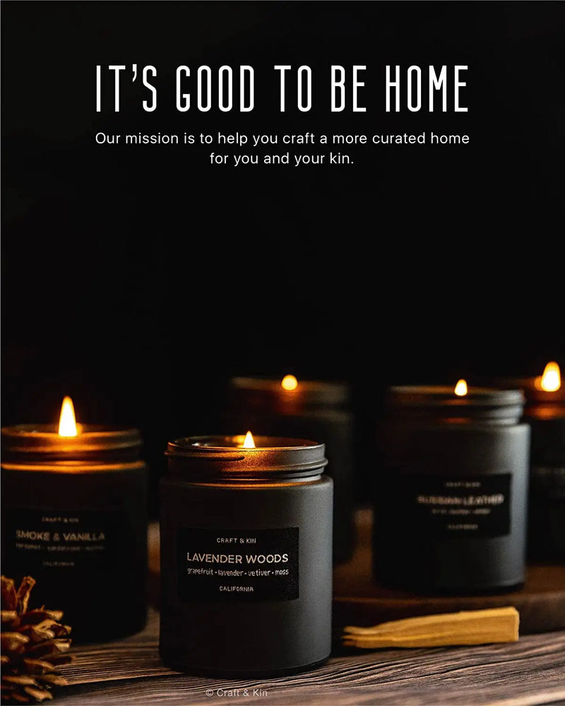 Premium Lavender Woods Candle | Black Scented Candles for Men | Long Lasting with 45 Hour Burn Time, 7.6Oz | Made with Soy | Aromatherapy at Home | Gifts for Men - Puck's