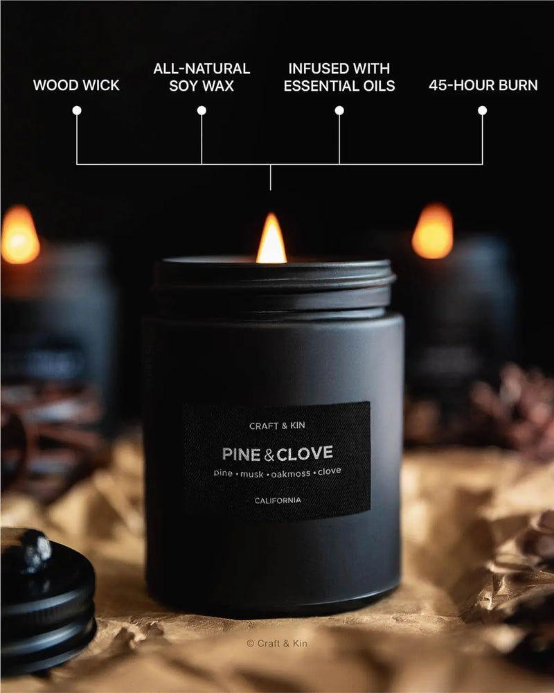 Premium Pine & Clove Candle | Black Scented Candles for Home | Long Lasting with 45 Hour Burn Time, 7.6Oz | Made with Soy | Aromatherapy at Home | Gifts for Men - Puck's