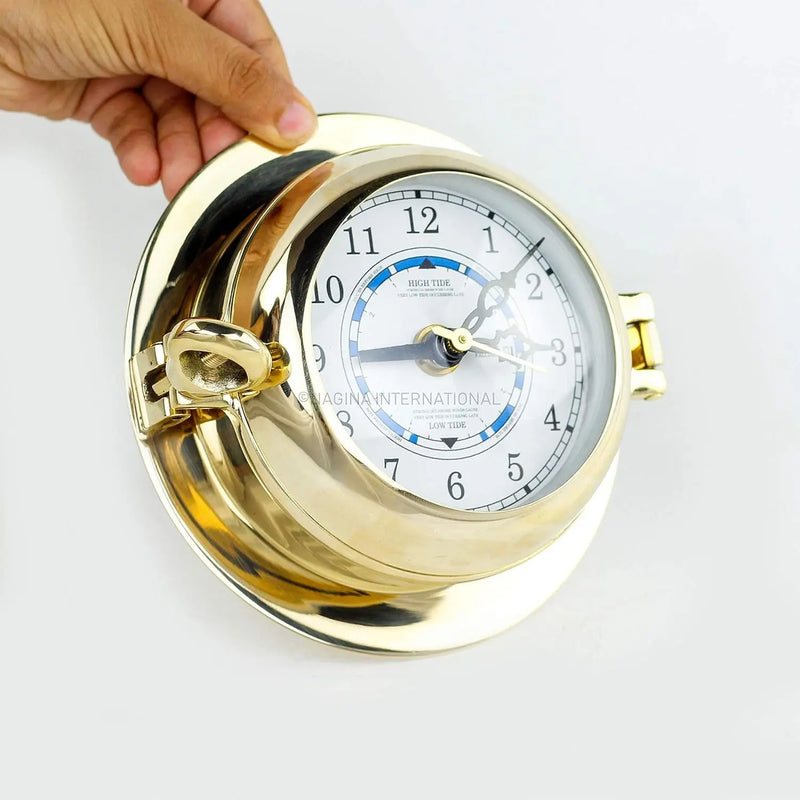 Premium Polished Brass Time'S Clock Porthole | Openable Pirate'S Decorative Port Hole Time'S Wall Metal Clock | Navy Nautical Maritime Decor Gift - Puck's