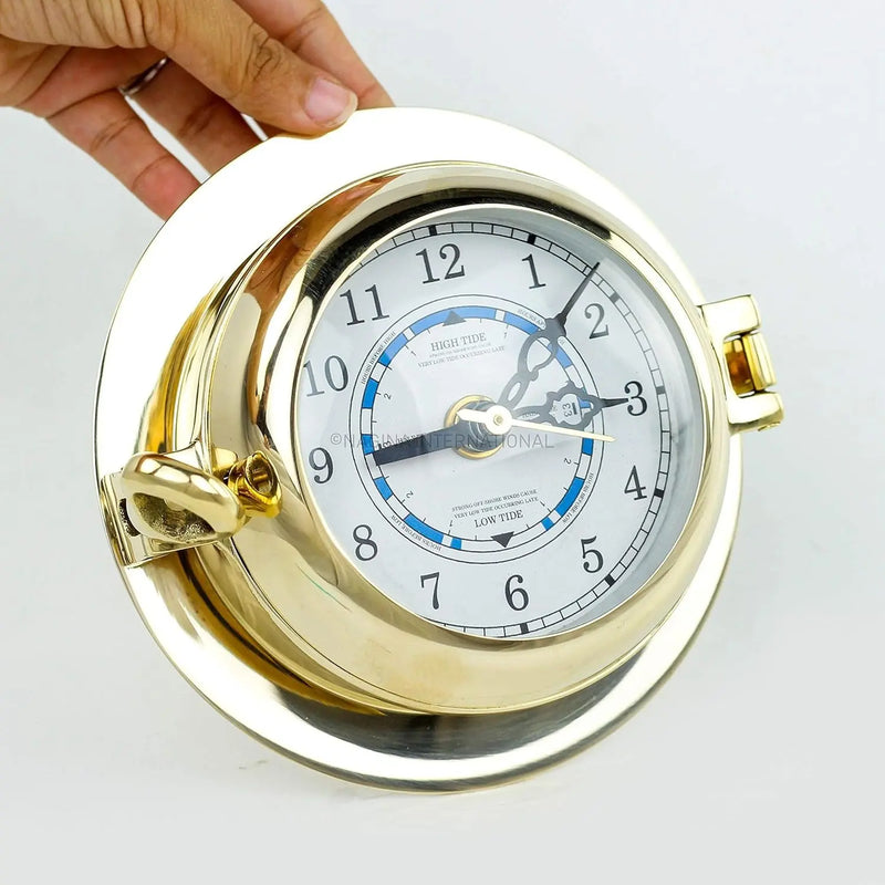 Premium Polished Brass Time'S Clock Porthole | Openable Pirate'S Decorative Port Hole Time'S Wall Metal Clock | Navy Nautical Maritime Decor Gift - Puck's
