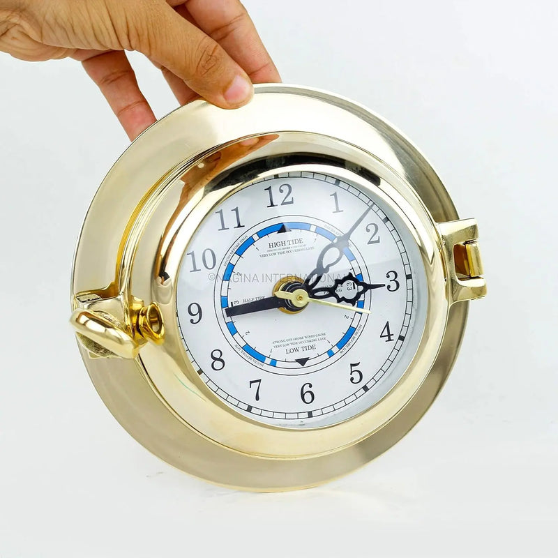 Premium Polished Brass Time'S Clock Porthole | Openable Pirate'S Decorative Port Hole Time'S Wall Metal Clock | Navy Nautical Maritime Decor Gift - Puck's