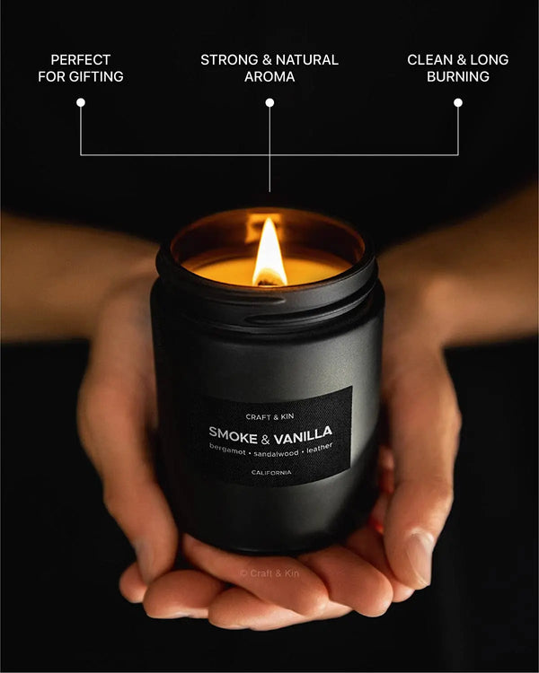 Premium Smoke & Vanilla Candle| Black Scented Candles for Men | Long Lasting with 45 Hour Burn Time, 7.6Oz | Made with Soy | Aromatherapy at Home | Gifts for Men - Puck's