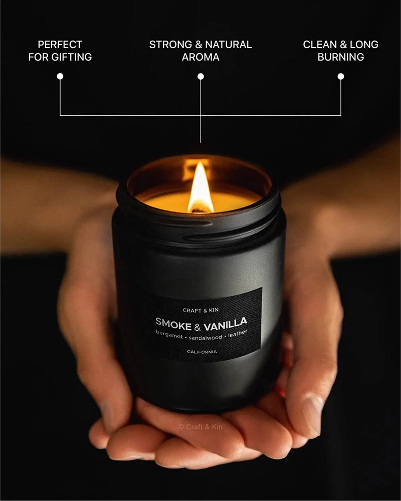 Premium Smoke & Vanilla Candle| Black Scented Candles for Men | Long Lasting with 45 Hour Burn Time, 7.6Oz | Made with Soy | Aromatherapy at Home | Gifts for Men - Puck's