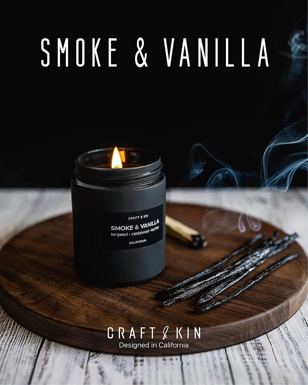 Premium Smoke & Vanilla Candle| Black Scented Candles for Men | Long Lasting with 45 Hour Burn Time, 7.6Oz | Made with Soy | Aromatherapy at Home | Gifts for Men - Puck's