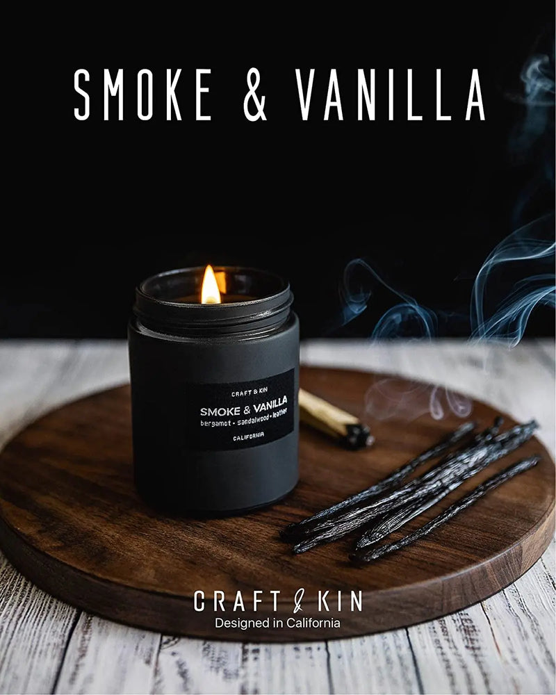 Premium Smoke & Vanilla Candle| Black Scented Candles for Men | Long Lasting with 45 Hour Burn Time, 7.6Oz | Made with Soy | Aromatherapy at Home | Gifts for Men - Puck's