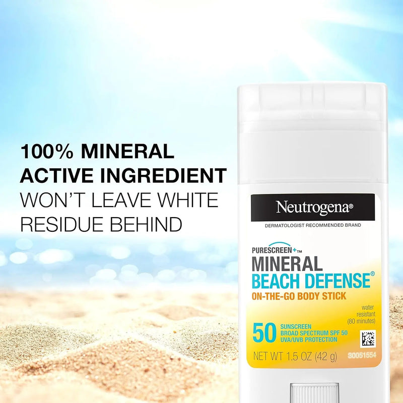 Purescreen+ Mineral Beach Defense On-The-Go Body Sunscreen Stick with Broad Spectrum SPF 50, Water Resistant UVA/UVB Protection, Absorbs Quickly & Dries Clear, 1.5 Oz - Puck's