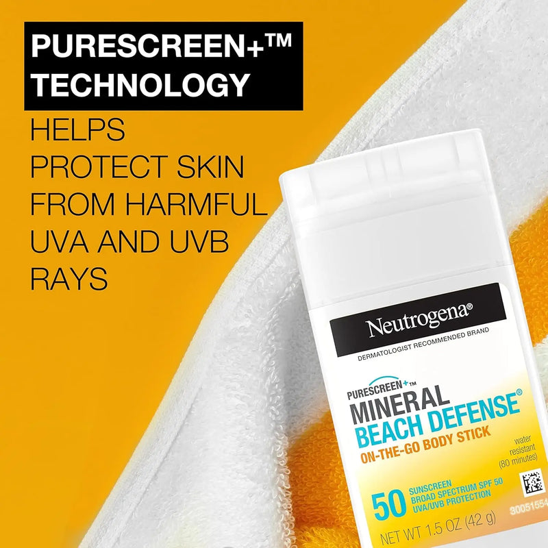 Purescreen+ Mineral Beach Defense On-The-Go Body Sunscreen Stick with Broad Spectrum SPF 50, Water Resistant UVA/UVB Protection, Absorbs Quickly & Dries Clear, 1.5 Oz - Puck's