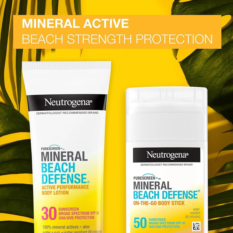 Purescreen+ Mineral Beach Defense On-The-Go Body Sunscreen Stick with Broad Spectrum SPF 50, Water Resistant UVA/UVB Protection, Absorbs Quickly & Dries Clear, 1.5 Oz - Puck's