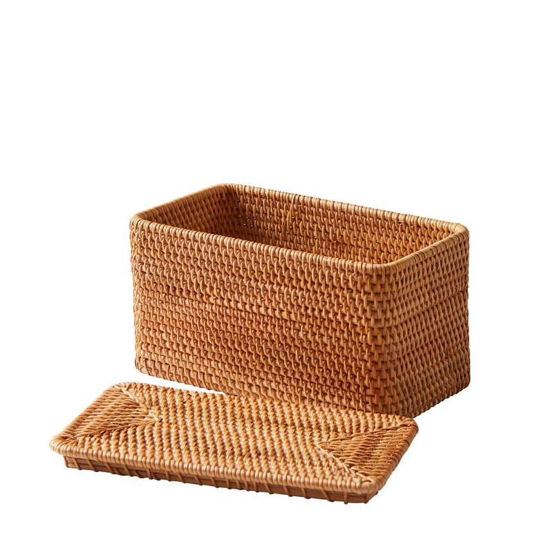 Rattan Organizer Basket with Lid, Brown - Puck's