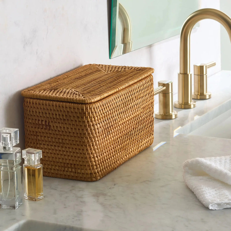 Rattan Organizer Basket with Lid, Brown - Puck's