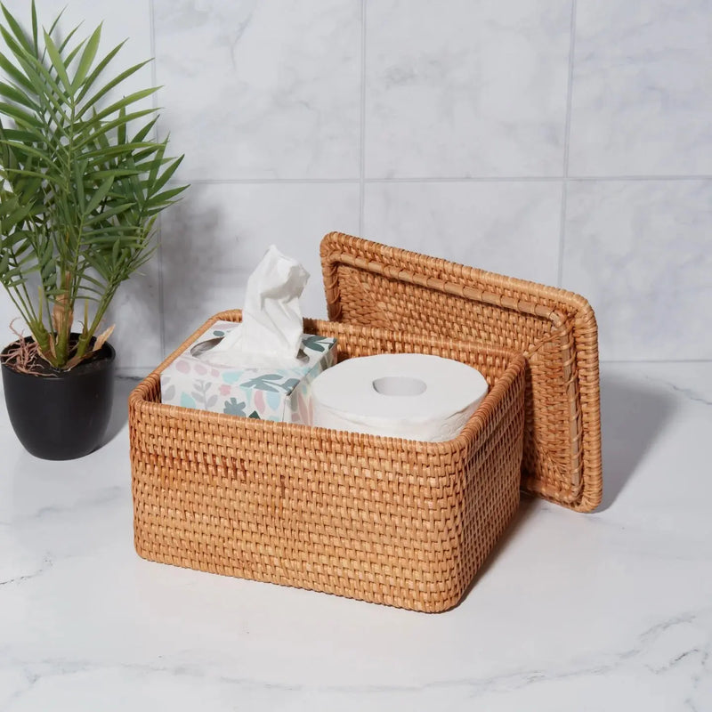 Rattan Organizer Basket with Lid, Brown - Puck's
