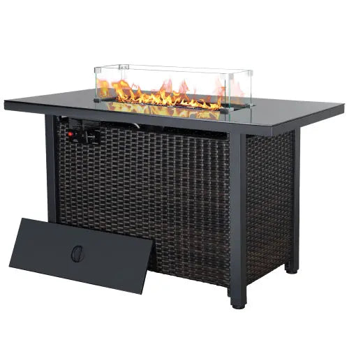 Rattan Propane Outdoor Fire Pit Table with Lid - Puck's
