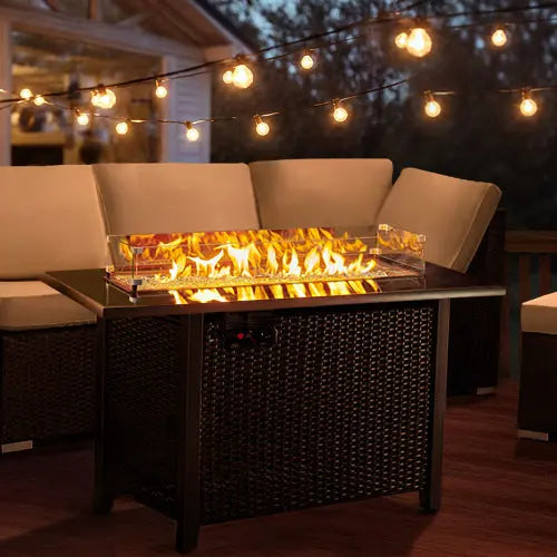 Rattan Propane Outdoor Fire Pit Table with Lid - Puck's