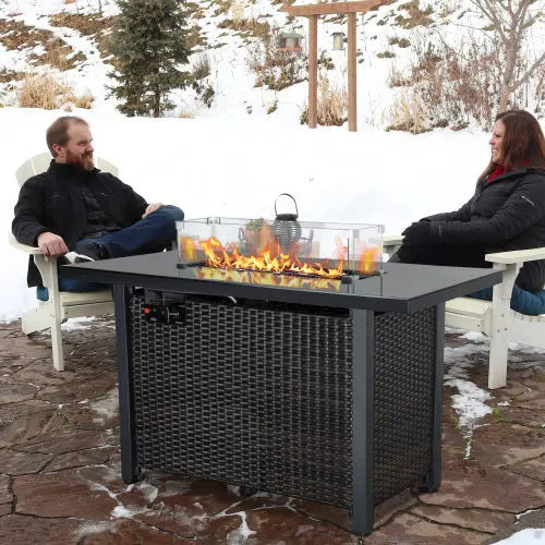 Rattan Propane Outdoor Fire Pit Table with Lid - Puck's