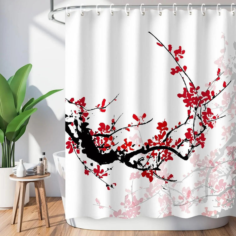 Red Floral Shower Curtains,Cherry Blossom Flower Plum Asian Japanese Aesthetic Watercolor Traditional Ink Scenery,Art Shower Curtain Waterproof Fabric - Puck's