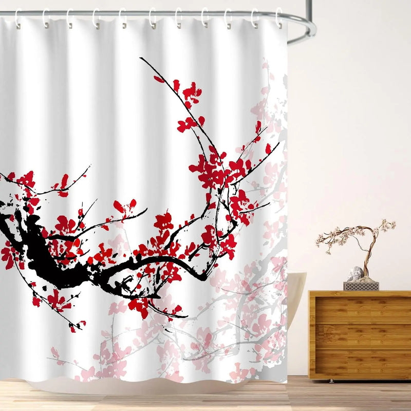 Red Floral Shower Curtains,Cherry Blossom Flower Plum Asian Japanese Aesthetic Watercolor Traditional Ink Scenery,Art Shower Curtain Waterproof Fabric - Puck's