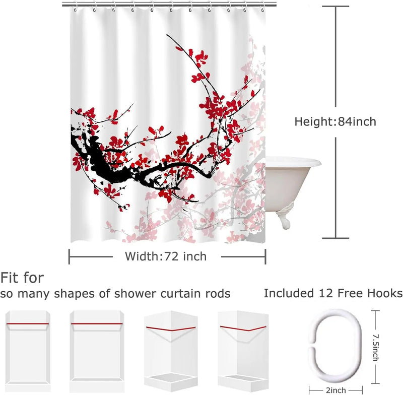 Red Floral Shower Curtains,Cherry Blossom Flower Plum Asian Japanese Aesthetic Watercolor Traditional Ink Scenery,Art Shower Curtain Waterproof Fabric - Puck's