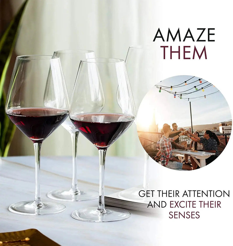 Red Wine Glasses - Set of 4 Hand Blown Large Wine Glasses - Long Stem Wine Glasses, Premium Crystal - 22Oz, Clear - Puck's