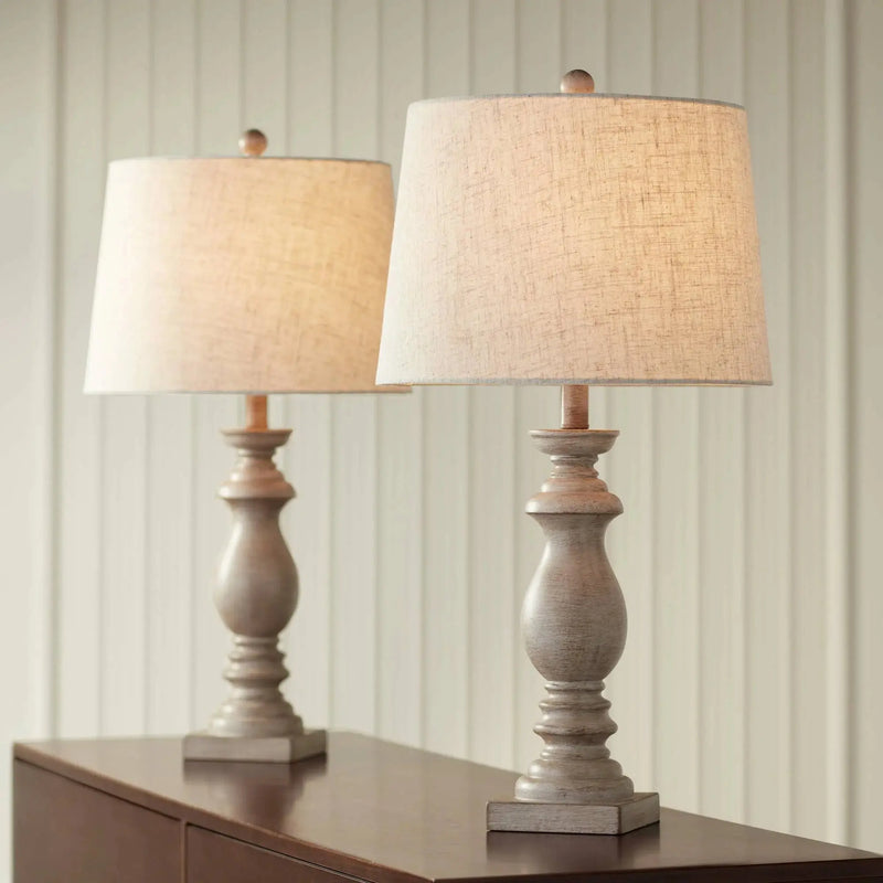 Regency Traditional Table Lamps 26 1/2" High Set of 2 Beige Washed Fabric Tapered Drum Shade for Bedroom Living Room Bedside Nightstand - Puck's