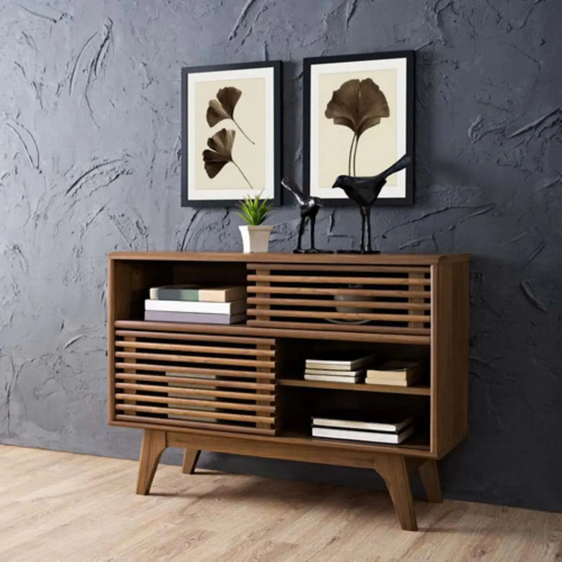 Render Modern Style Particleboard Wood Display Stand in Walnut - Puck's