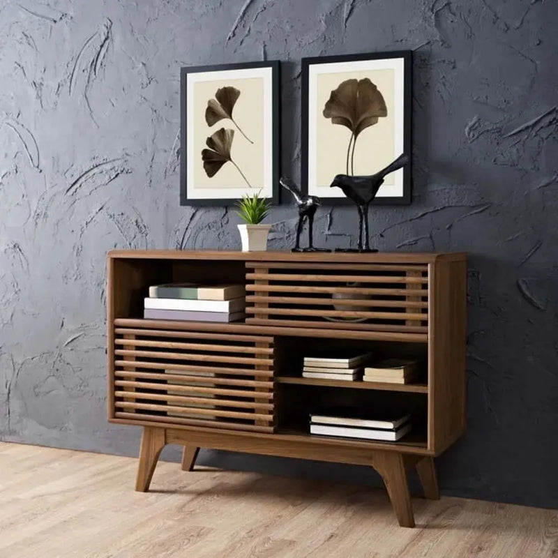 Render Modern Style Particleboard Wood Display Stand in Walnut - Puck's