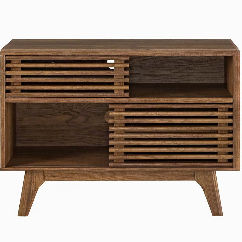 Render Modern Style Particleboard Wood Display Stand in Walnut - Puck's